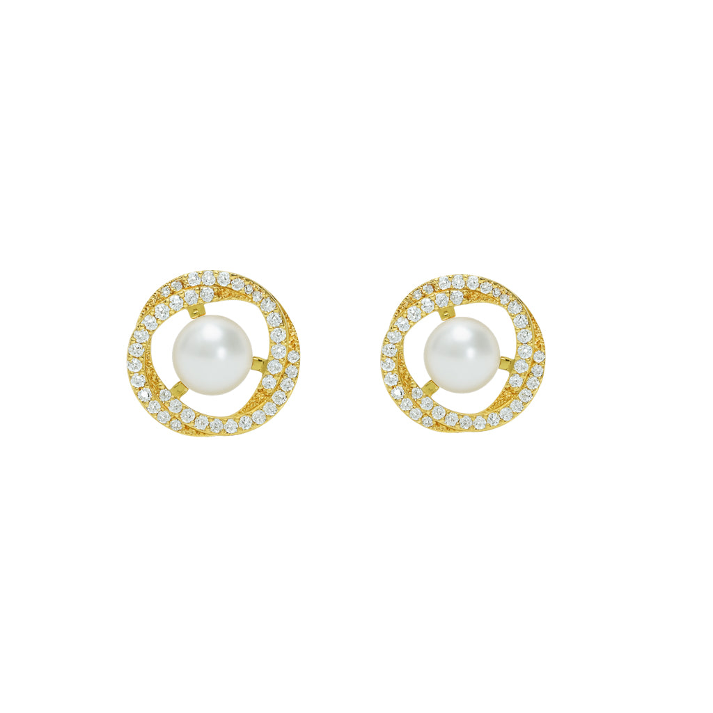 Jewello trendy gold plated and simmering white stone and pearl stud chain pendant set for women and girls.