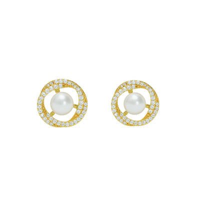Jewello trendy gold plated and simmering white stone and pearl stud chain pendant set for women and girls.