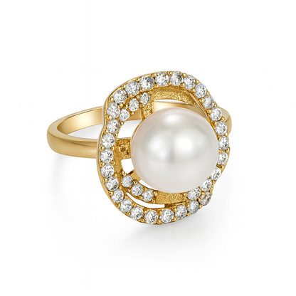 Jewello trendy gold plated and simmering white stone and pearl stud chain pendant set for women and girls.