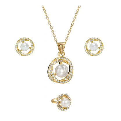 Jewello trendy gold plated and simmering white stone and pearl stud chain pendant set for women and girls.