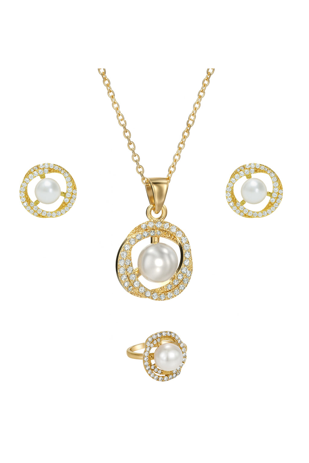 Jewello trendy gold plated and simmering white stone and pearl stud chain pendant set for women and girls.