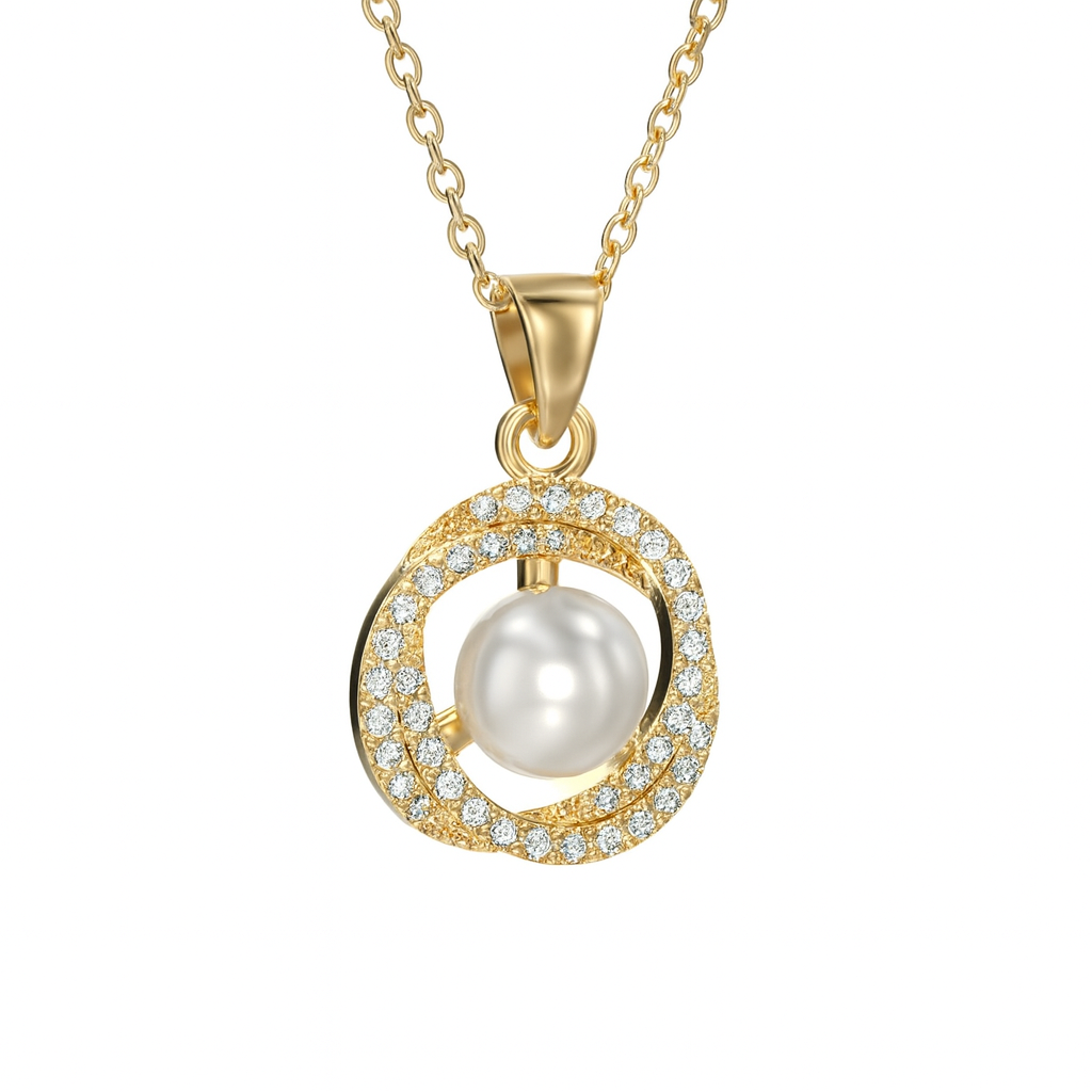 Jewello trendy gold plated and simmering white stone and pearl stud chain pendant set for women and girls.