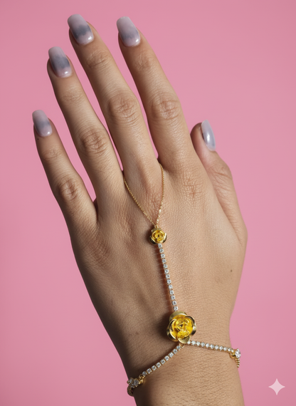 Jewello fancy gold-plated floral design with shimmering white stone stud hath Phool, Panja, Adjustable hand chain bracelet for women and girls.