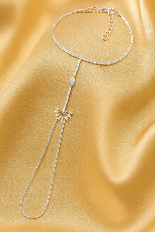 Jewello fancy silver plated with shimmering white stone stud hath Phool, hand chain bracelet, Adjustable hand chain bracelet for women and girls.