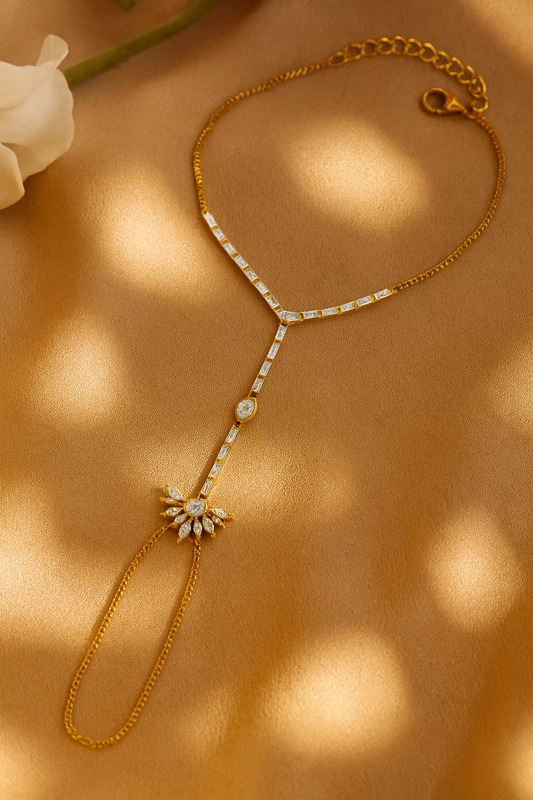 Jewello fashionable gold plated with shimmering white stone stud hath Phool, Panja, Adjustable hand chain bracelet for women and girls.