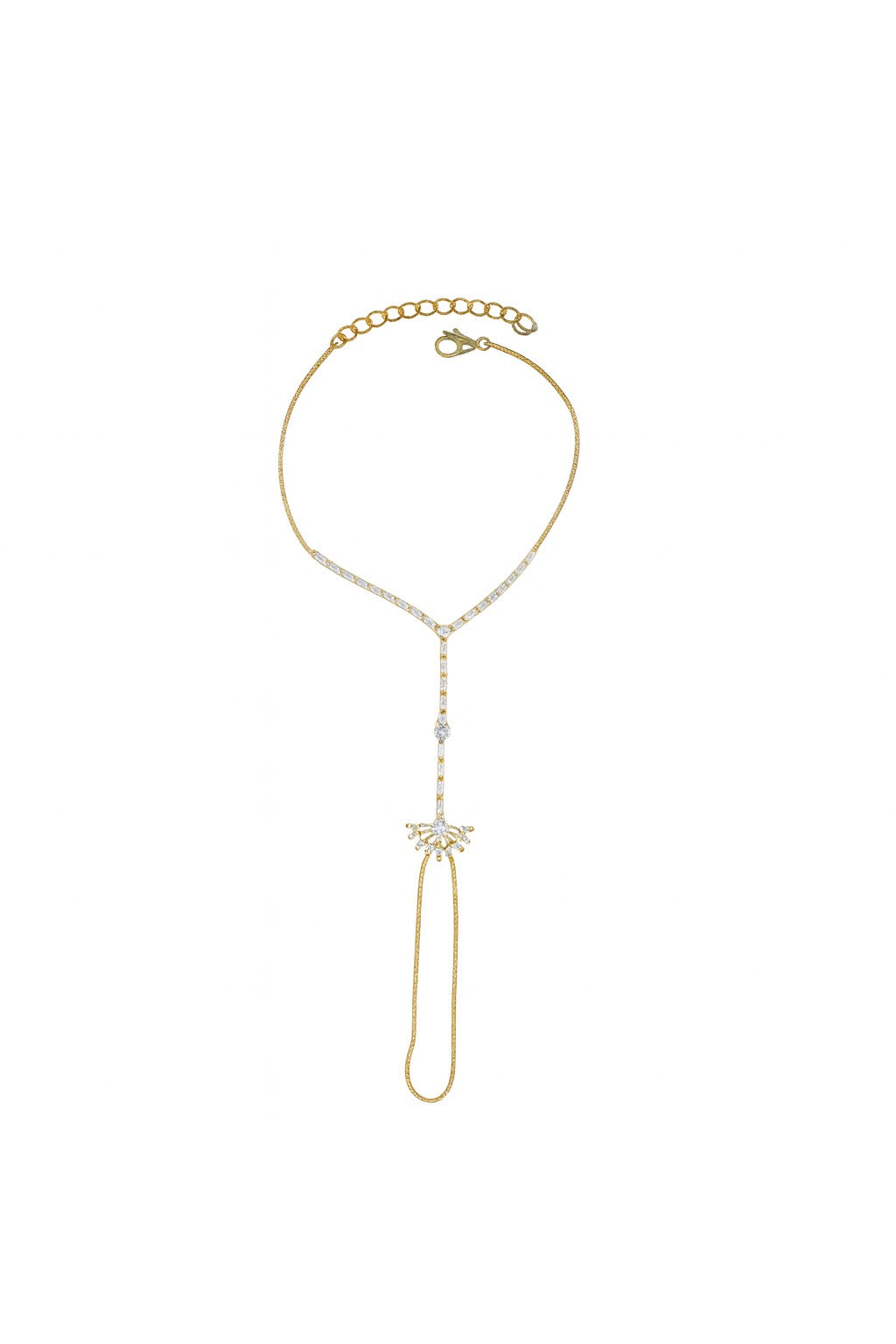 Jewello fashionable gold plated with shimmering white stone stud hath Phool, Panja, Adjustable hand chain bracelet for women and girls.