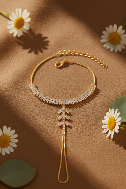 Jewello elegant rose gold plated with shimmering white stone stud hath Phool, Adjustable hand chain bracelet for women and girls.