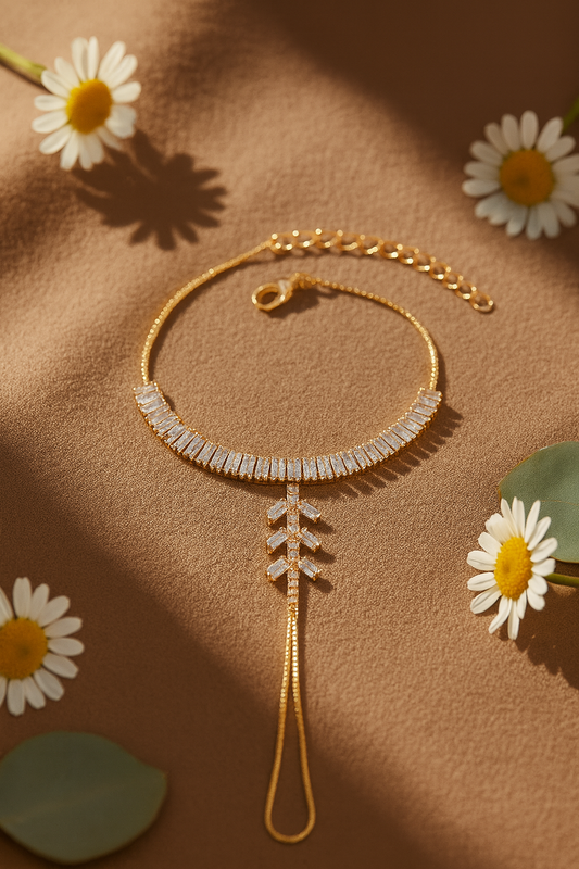 Jewello elegant rose gold plated with shimmering white stone stud hath Phool, Adjustable hand chain bracelet for women and girls.