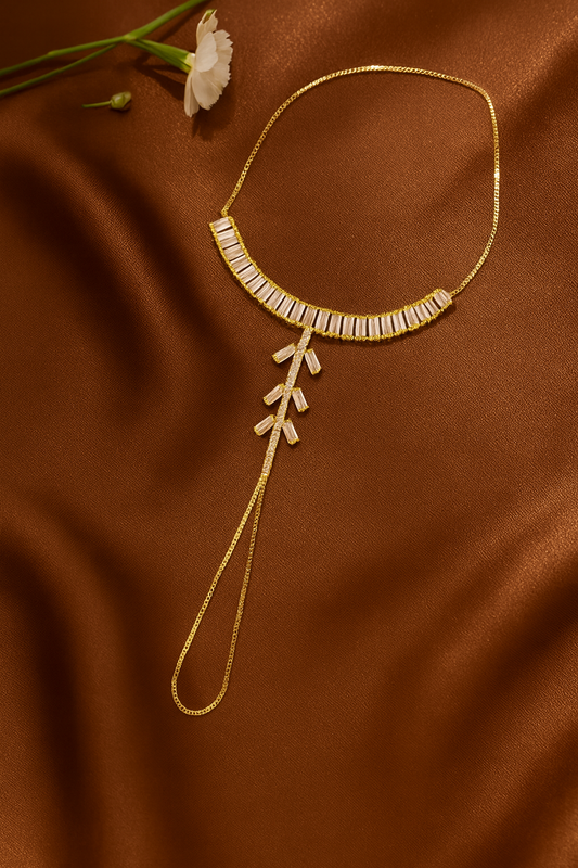 Jewello latest gold plated with shimmering white stone stud hath Phool, Panja, Adjustable hand chain bracelet for women and girls.
