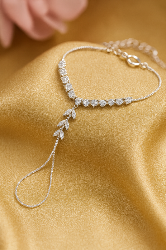 Jewello trendy silver plated with shimmering white stone stud hath Phool, Panja, Adjustable hand chain bracelet for women and girls.