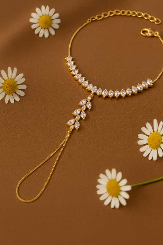 Jewello delicate rose gold plated with shimmering white stone stud hath Phool, Panja, Adjustable hand chain bracelet for women and girls.