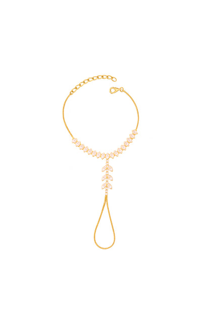 Jewello delicate gold plated with shimmering white stone stud Panja, hath Phool, Adjustable hand chain bracelet for women and girls.
