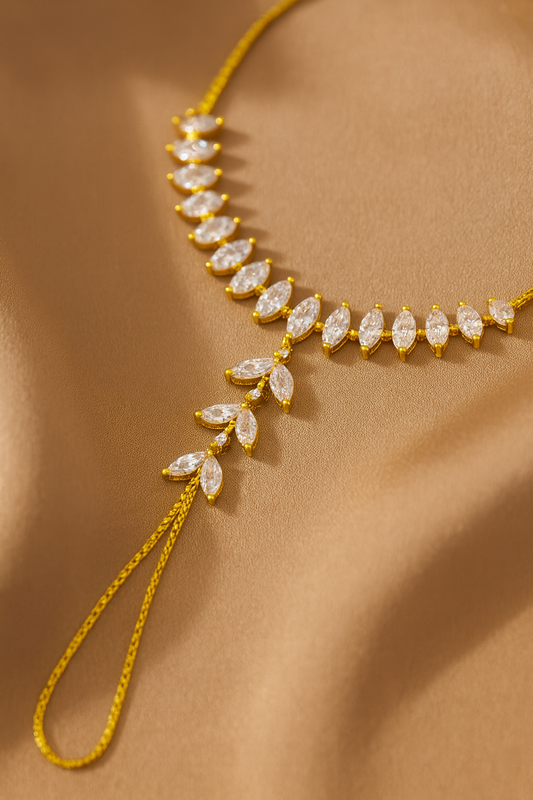 Jewello delicate gold plated with shimmering white stone stud Panja, hath Phool, Adjustable hand chain bracelet for women and girls.