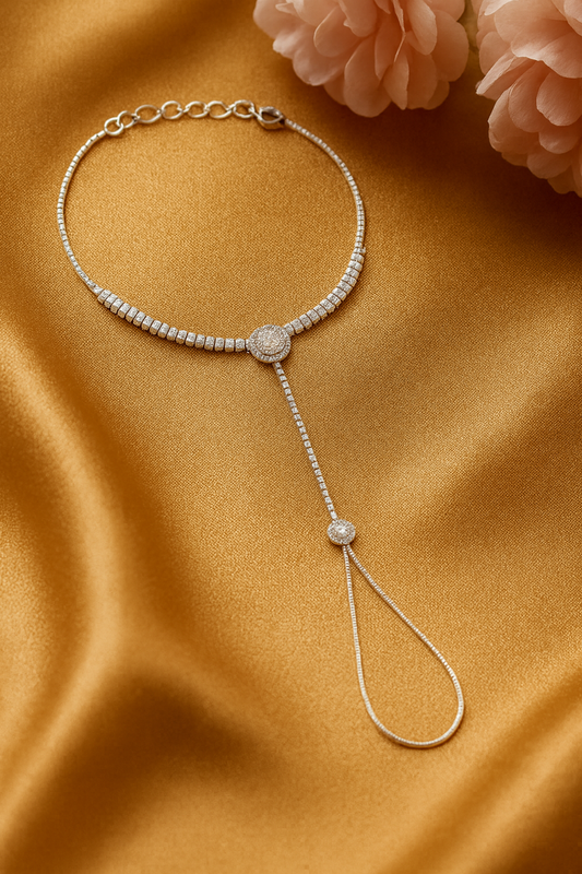 Jewello trendy silver plated with shimmering white stone and American diamond stud hand Phool, Panja, Adjustable hand chain bracelet for women and girls.