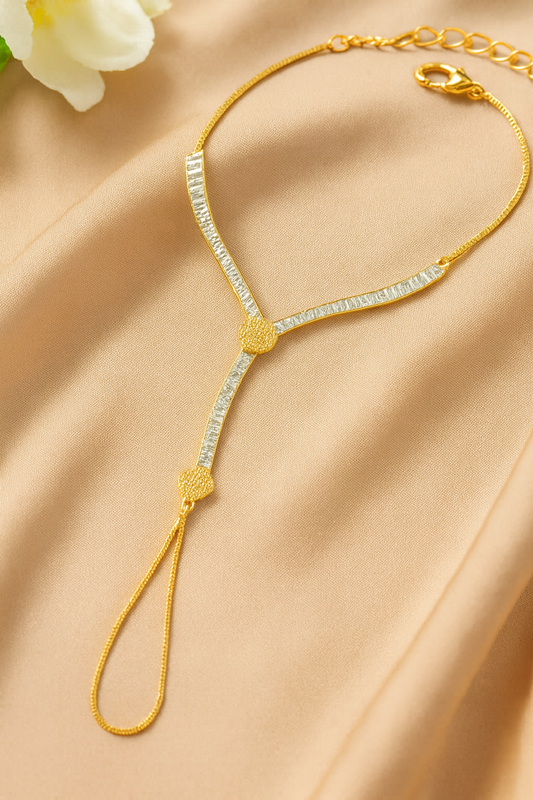 Jewello gorgeous gold plated with shimmering white stone and American diamond stud hath Phool, Panja, Adjustable hand chain bracelet for women and girls.