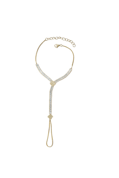 Jewello gorgeous gold plated with shimmering white stone and American diamond stud hath Phool, Panja, Adjustable hand chain bracelet for women and girls.
