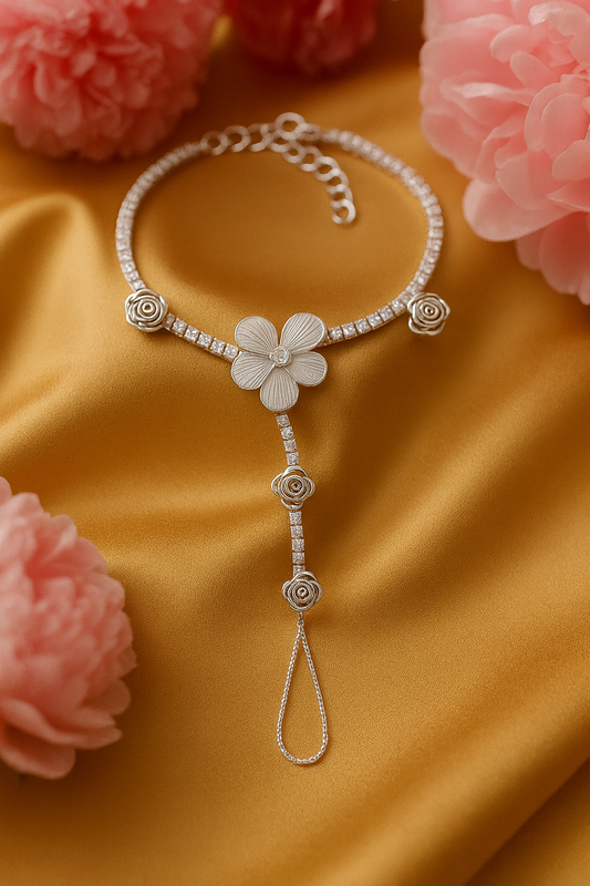Jewello fancy silver-plated floral design with shimmering white stone stud hath Phool, Panja, Adjustable hand chain bracelet for women and girls.