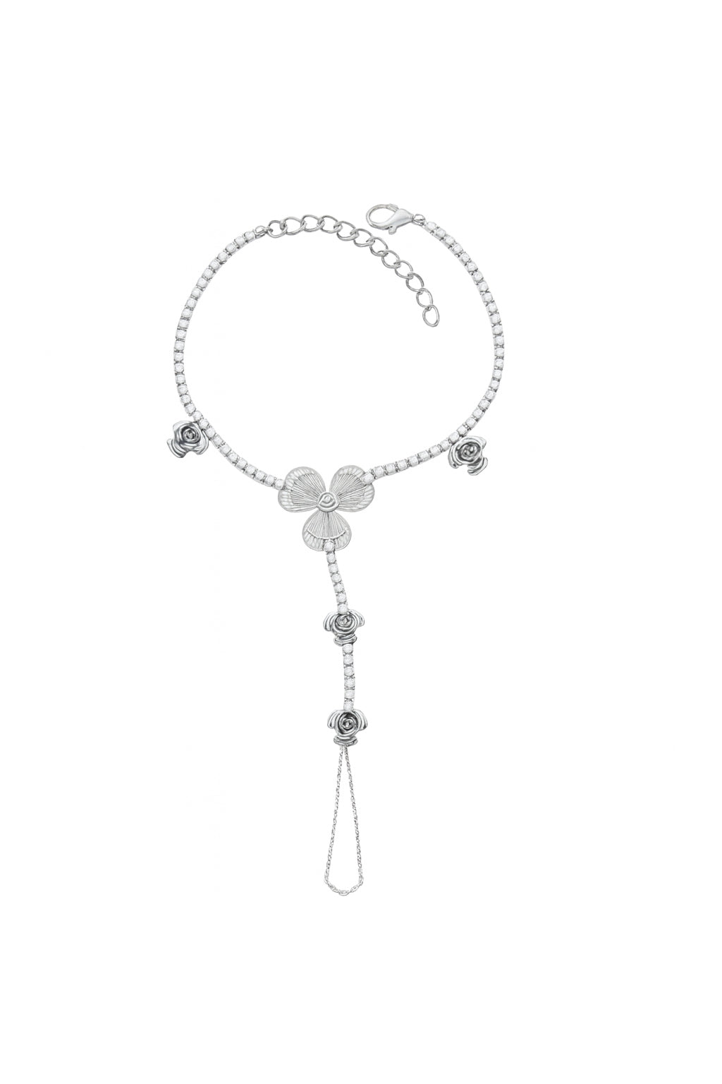 Jewello fancy silver-plated floral design with shimmering white stone stud hath Phool, Panja, Adjustable hand chain bracelet for women and girls.