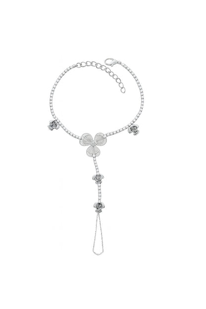 Jewello fancy silver-plated floral design with shimmering white stone stud hath Phool, Panja, Adjustable hand chain bracelet for women and girls.