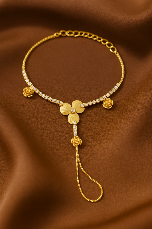 Jewello stylish rose gold plated with floral design with shimmering white stone stud hath Phool, Panja, Adjustable hand chain bracelet for women and girls.