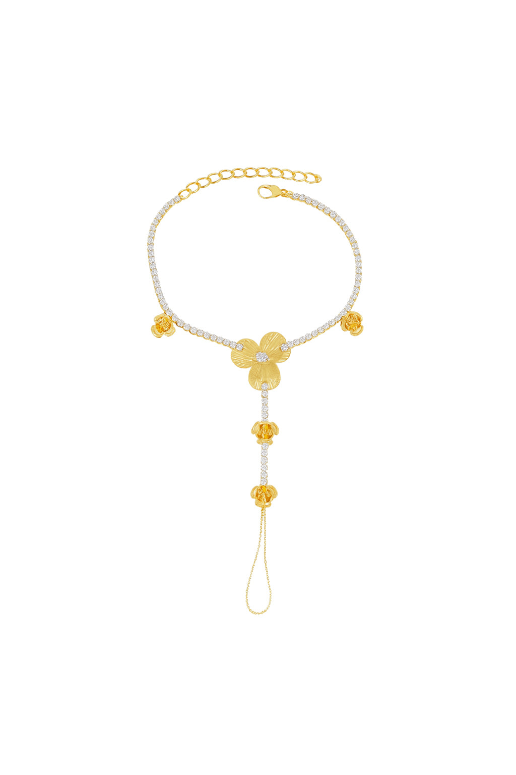 Jewello stylish rose gold plated with floral design with shimmering white stone stud hath Phool, Panja, Adjustable hand chain bracelet for women and girls.