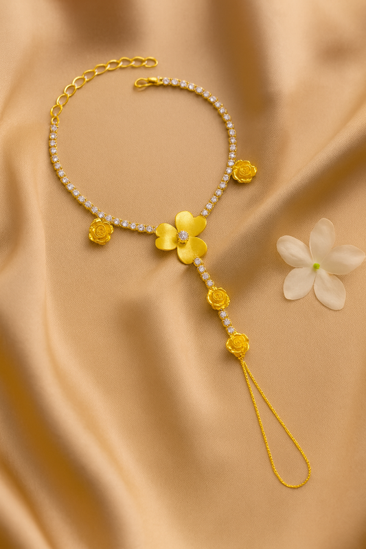 Jewello elegant gold plated with floral design with shimmering white stone stud hath Phool, Panja, Adjustable hand chain bracelet for women and girls.
