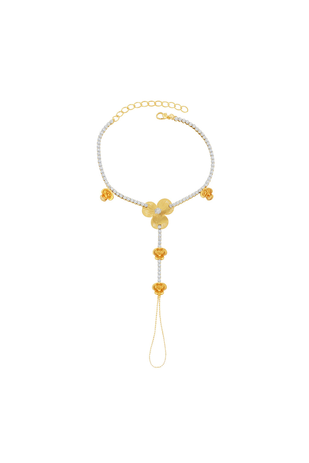 Jewello elegant gold plated with floral design with shimmering white stone stud hath Phool, Panja, Adjustable hand chain bracelet for women and girls.