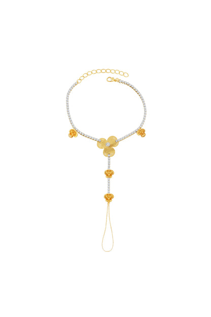Jewello elegant gold plated with floral design with shimmering white stone stud hath Phool, Panja, Adjustable hand chain bracelet for women and girls.