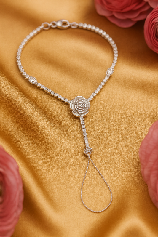 Jewello gorgeous silver-plated rose flower design with shimmering white stone stud hath Phool, Panja, Adjustable hand chain bracelet for women and girls.