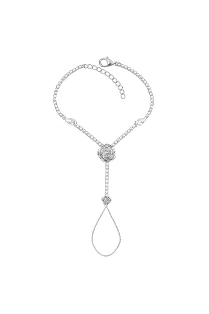 Jewello gorgeous silver-plated rose flower design with shimmering white stone stud hath Phool, Panja, Adjustable hand chain bracelet for women and girls.