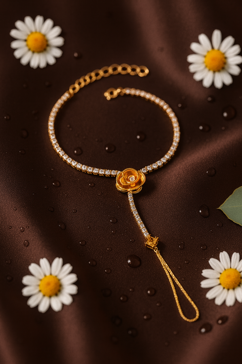 Jewello elegance rose gold plated floral design with shimmering white stone stud hath Phool, Panja, Adjustable hand chain bracelet for women and girls.