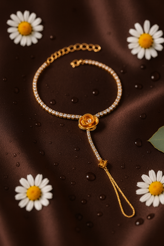 Jewello elegance rose gold plated floral design with shimmering white stone stud hath Phool, Panja, Adjustable hand chain bracelet for women and girls.