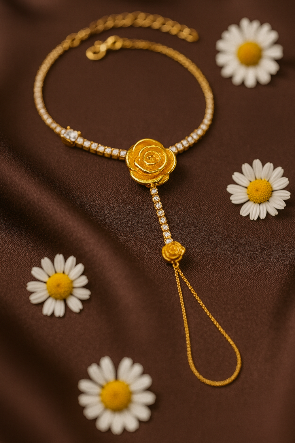 Jewello fancy gold-plated floral design with shimmering white stone stud hath Phool, Panja, Adjustable hand chain bracelet for women and girls.