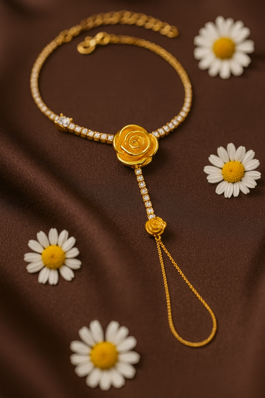 Jewello fancy gold-plated floral design with shimmering white stone stud hath Phool, Panja, Adjustable hand chain bracelet for women and girls.