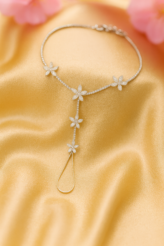 Jewello fashionable silver-plated floral design with shimmering white stone stud hath Phool, Panja, Adjustable hand chain bracelet for women and girls.