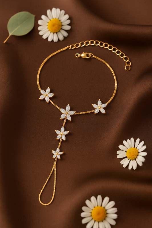Jewello elegance rose gold plated floral design with shimmering white stone stud hath Phool, Panja, Adjustable hand chain bracelet for women and girls.