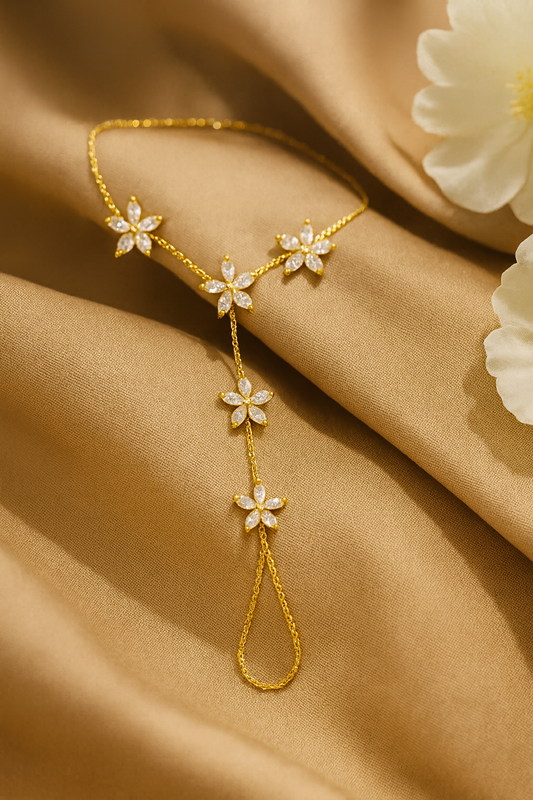 Jewello fashionable gold-plated floral design with shimmering white stone stud hath Phool, Panja, Adjustable hand chain bracelet for women and girls.