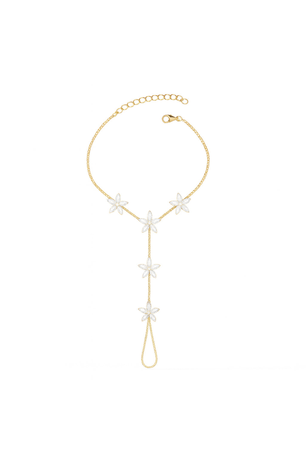 Jewello fashionable gold-plated floral design with shimmering white stone stud hath Phool, Panja, Adjustable hand chain bracelet for women and girls.