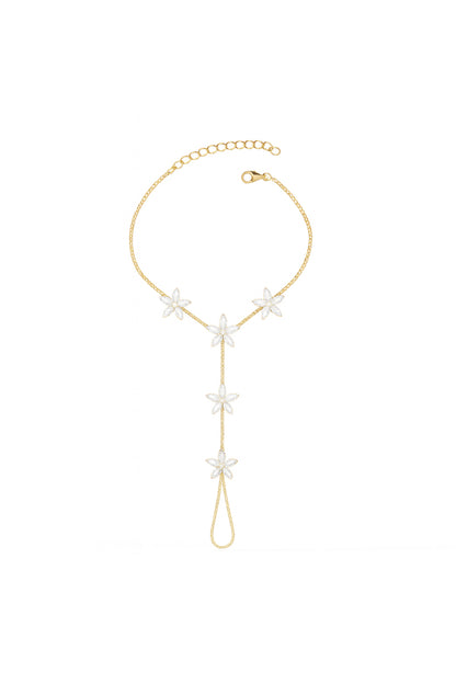 Jewello fashionable gold-plated floral design with shimmering white stone stud hath Phool, Panja, Adjustable hand chain bracelet for women and girls.