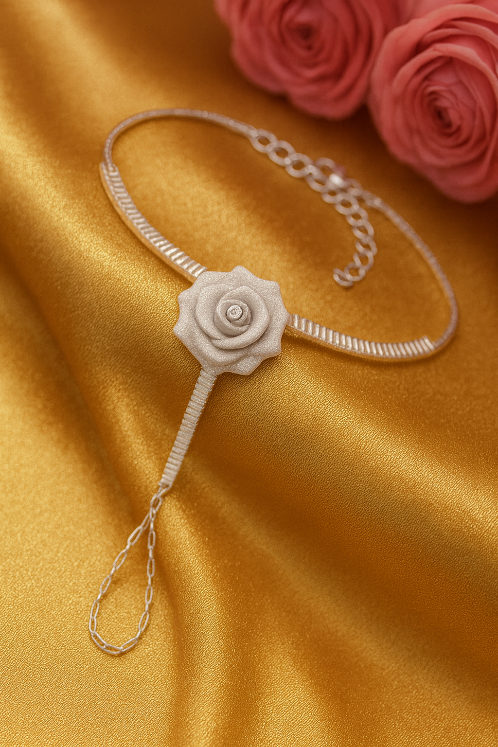 Jewello Adorable silver plated floral hath Phool, Panja, Adjustable hand chain bracelet for women and girls.