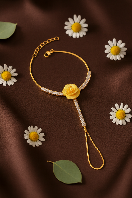 Jewello gorgeous rose gold-plated floral design with shimmering white stone stud hath Phool, Panja, Adjustable hand chain bracelet for women and girls.