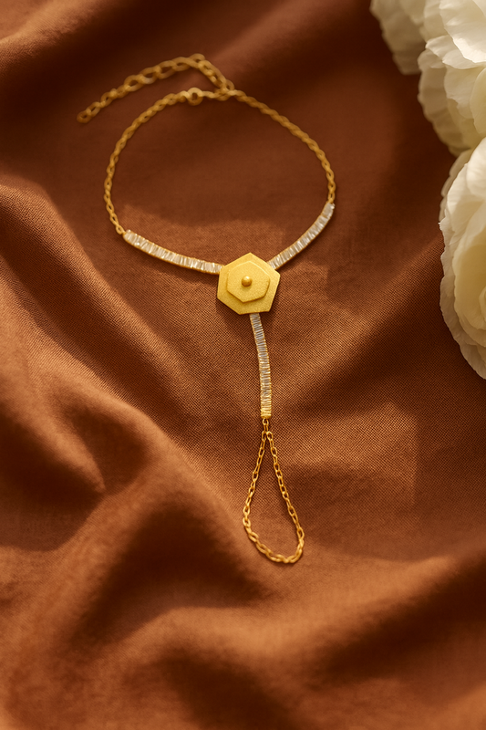 Jewello delicate gold-plated floral design with shimmering white stone stud hath Phool, Panja, Adjustable hand chain bracelet for women and girls.