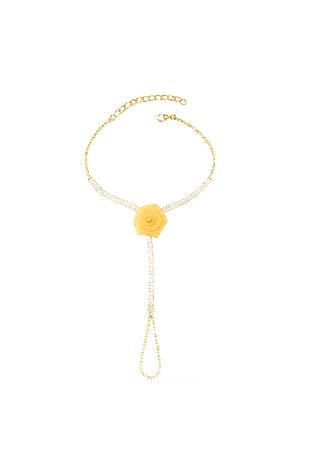 Jewello delicate gold-plated floral design with shimmering white stone stud hath Phool, Panja, Adjustable hand chain bracelet for women and girls.