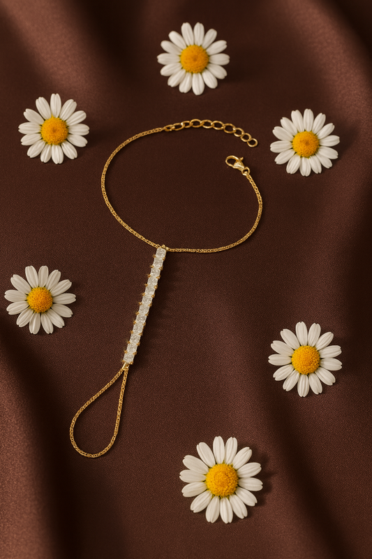 Jewello elegance gold plated with shimmering white stone stud hath Phool, Panja, adjustable hand chain bracelet for women and girls.