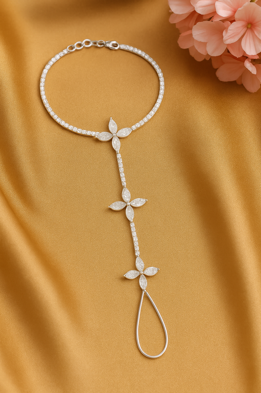 Jewello elegance silver plated floral design with shimmering white stone stud hath Phool, Panja, Adjustable hand chain bracelet and finger ring for women and girls.