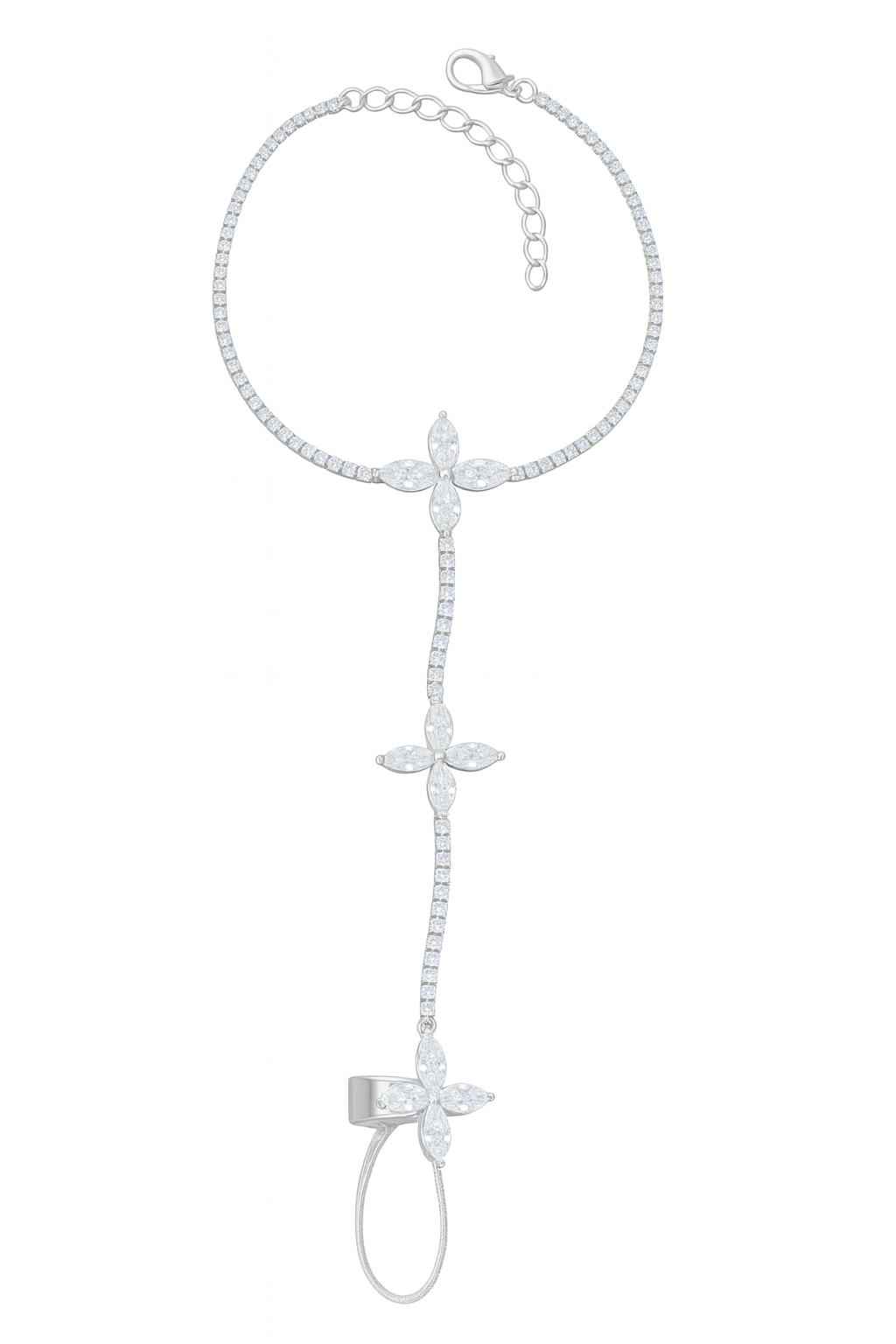 Jewello elegance silver plated floral design with shimmering white stone stud hath Phool, Panja, Adjustable hand chain bracelet and finger ring for women and girls.