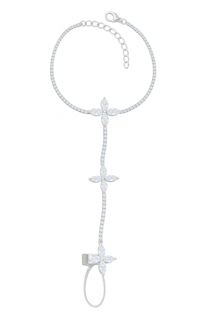 Jewello elegance silver plated floral design with shimmering white stone stud hath Phool, Panja, Adjustable hand chain bracelet and finger ring for women and girls.