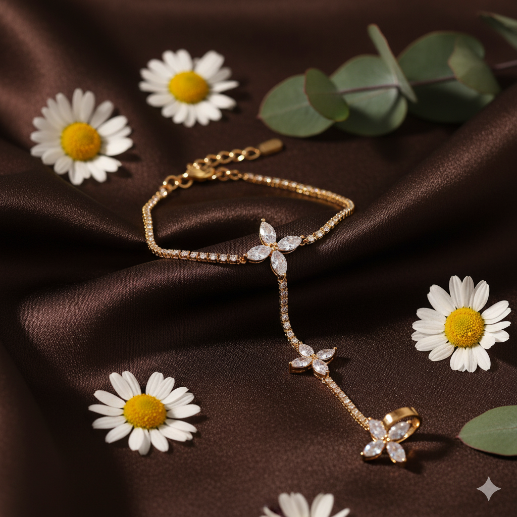 Jewello fashionable gold-plated floral design with shimmering white stone stud hath Phool, Panja, adjustable hand chain bracelet and finger ring for women and girls.