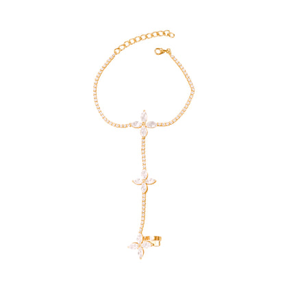 Jewello delicate rose gold-plated floral design with shimmering white stone stud hath Phool, Panja, adjustable hand chain bracelet and finger ring for women and girls.