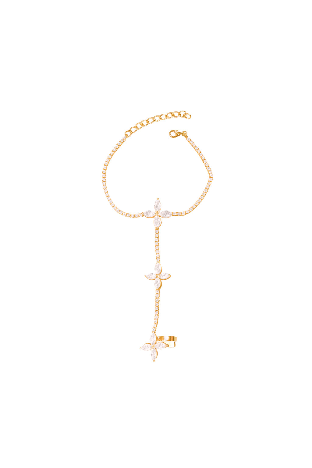 Jewello delicate rose gold-plated floral design with shimmering white stone stud hath Phool, Panja, adjustable hand chain bracelet and finger ring for women and girls.